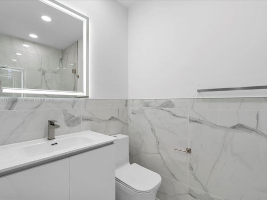 Bathroom, Glass Shower, Interior, Marble Walls, Recessed Lighting