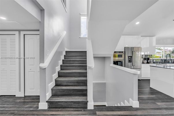 Interior, Kitchen, Recessed Lighting, Stainless Steel Appliances, Wood Texture Flooring