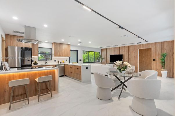 Dining room, Interior, Kitchen, Marble, Recessed Lighting, Stainless Steel Appliances, Wooden Walls