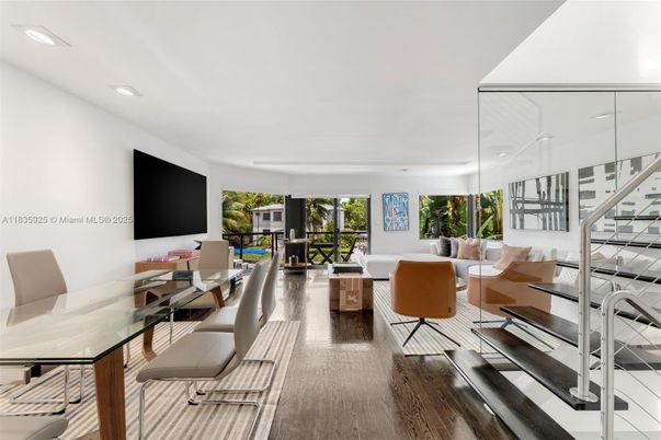 Dining room, Interior, Living room, Recessed Lighting, Wood Texture Flooring