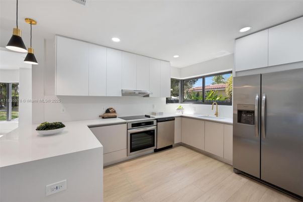 Interior, Kitchen, Pendant Lights, Recessed Lighting, Stainless Steel Appliances, Wood Texture Flooring