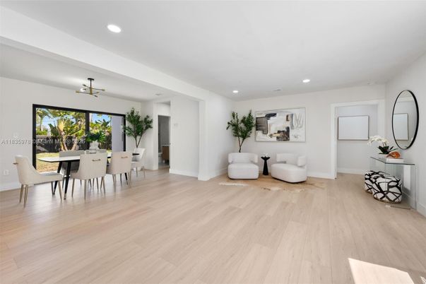 Dining room, Interior, Recessed Lighting, Wood Texture Flooring