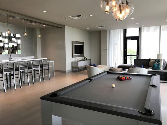 Billiard Table, Game Room, Interior, Pendant Lights, Recessed Lighting, Wood Texture Flooring
