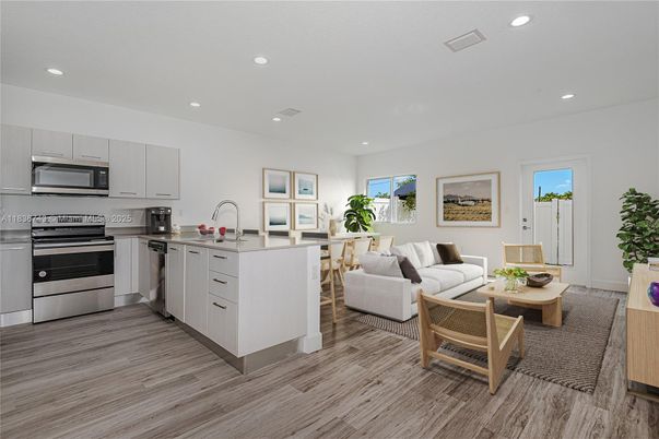 Interior, Kitchen, Living room, Recessed Lighting, Stainless Steel Appliances, Wood Texture Flooring