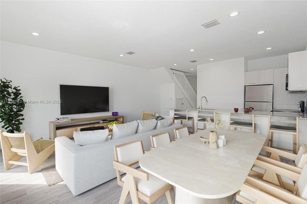 Dining room, Interior, Kitchen, Living room, Recessed Lighting, Stainless Steel Appliances, Wood Texture Flooring