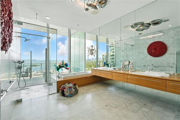 Bathroom, Glass Shower, Interior, Marble, Marble Walls, Recessed Lighting, Water