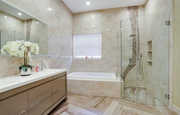 Bathroom, Glass Shower, Interior, Recessed Lighting, Wood Texture Flooring