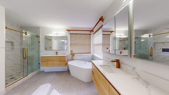 Bathroom, Dual Sink Vanities, Free Standing Baths, Glass Shower, Interior, Marble Walls