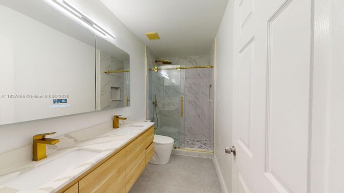 Bathroom, Dual Sink Vanities, Glass Shower, Interior, Marble Walls