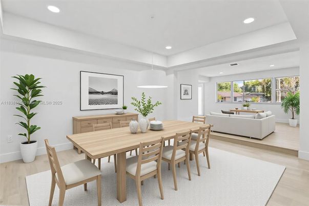 Dining room, Interior, Living room, Pendant Lights, Recessed Lighting, Wood Texture Flooring