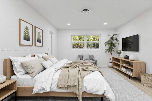 Bedroom, Interior, Recessed Lighting, Wood Texture Flooring
