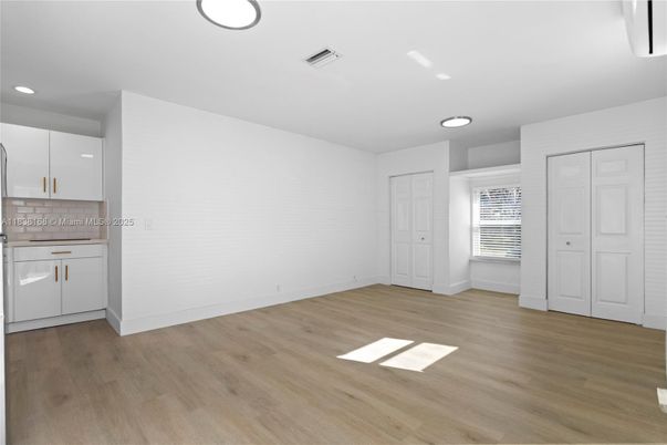 Empty room, Interior, Kitchen, Recessed Lighting, Wood Texture Flooring