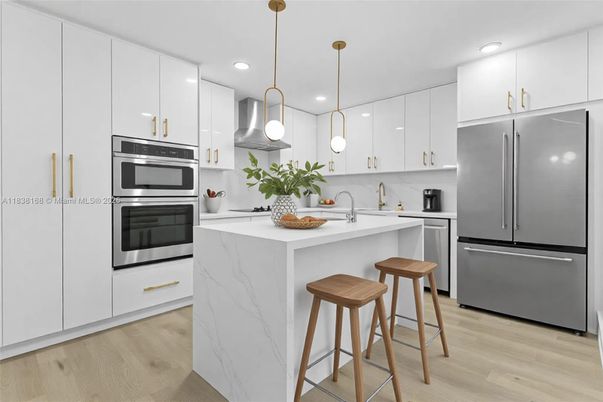 Interior, Kitchen, Pendant Lights, Recessed Lighting, Stainless Steel Appliances, Wood Texture Flooring