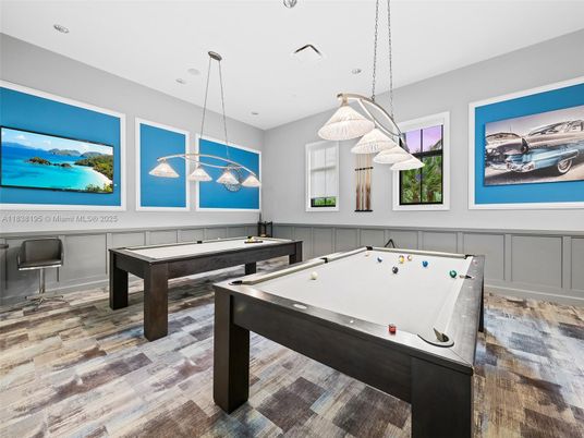 Billiard Table, Game Room, Interior, Pendant Lights, Wood Texture Flooring