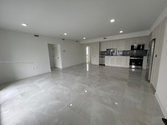 Empty room, Interior, Kitchen, Recessed Lighting, Stainless Steel Appliances