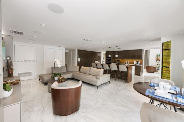 Dining room, Interior, Kitchen, Living room, Marble, Pendant Lights, Recessed Lighting