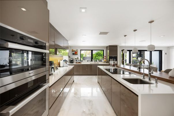 Interior, Kitchen, Marble, Pendant Lights, Recessed Lighting, Stainless Steel Appliances
