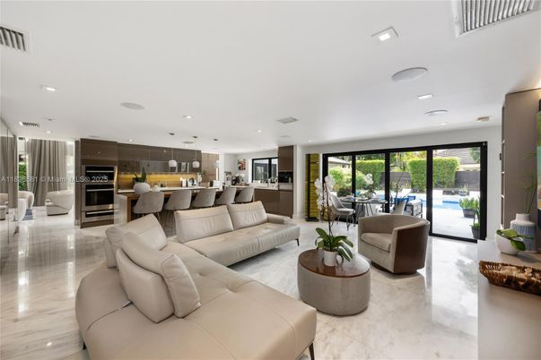 Dining room, Interior, Kitchen, Living room, Marble, Pendant Lights, Recessed Lighting, Stainless Steel Appliances