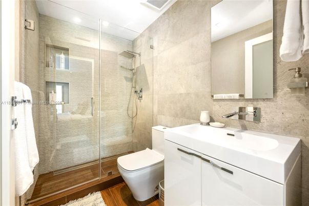 Bathroom, Glass Shower, Interior, Recessed Lighting, Wood Texture Flooring