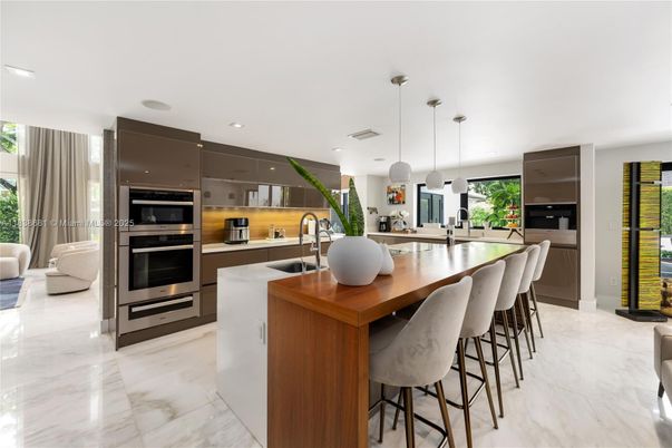 Interior, Kitchen, Marble, Pendant Lights, Recessed Lighting, Stainless Steel Appliances