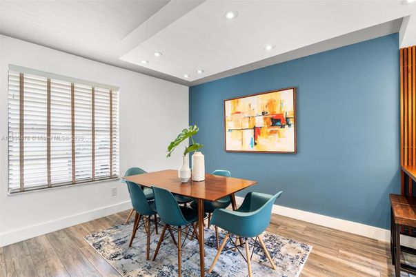 Dining room, Interior, Recessed Lighting, Wood Texture Flooring