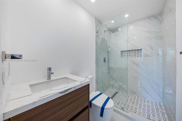 Bathroom, Glass Shower, Interior, Marble Walls, Recessed Lighting