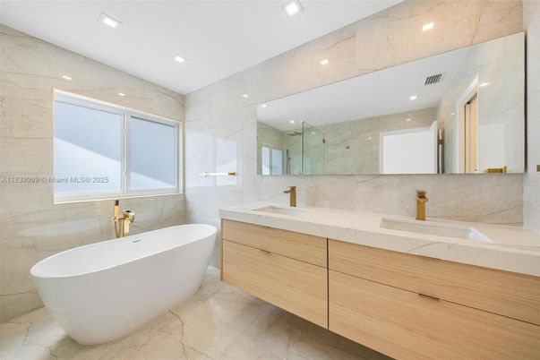 Bathroom, Dual Sink Vanities, Free Standing Baths, Interior, Marble Walls, Recessed Lighting