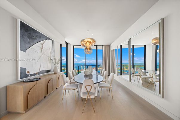 Dining room, Interior, Pendant Lights, Water, Wood Texture Flooring