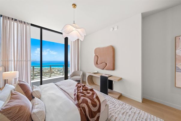 Bedroom, Interior, Pendant Lights, Water, Wood Texture Flooring