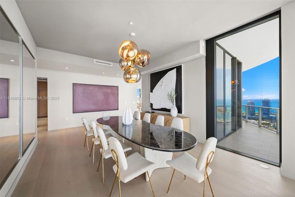 Dining room, Interior, Pendant Lights, Recessed Lighting, Water, Wood Texture Flooring