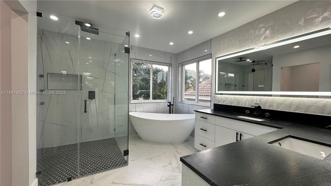 Bathroom, Dual Sink Vanities, Free Standing Baths, Glass Shower, Interior, Marble, Recessed Lighting