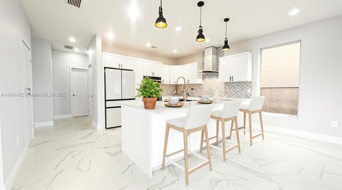 Interior, Kitchen, Marble, Pendant Lights, Recessed Lighting, Stainless Steel Appliances