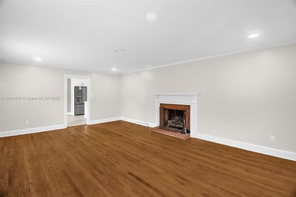 Empty room, Fireplace, Interior, Recessed Lighting, Wood Texture Flooring
