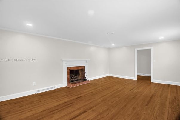 Empty room, Fireplace, Interior, Recessed Lighting, Wood Texture Flooring