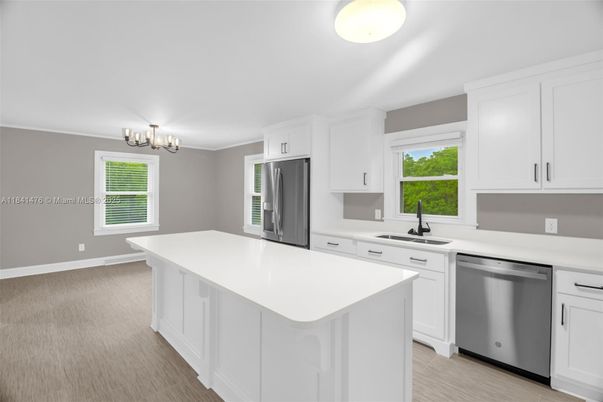 Chandelier, Interior, Kitchen, Stainless Steel Appliances, Wood Texture Flooring