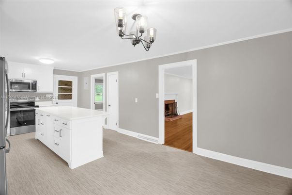 Chandelier, Interior, Kitchen, Stainless Steel Appliances, Wood Texture Flooring