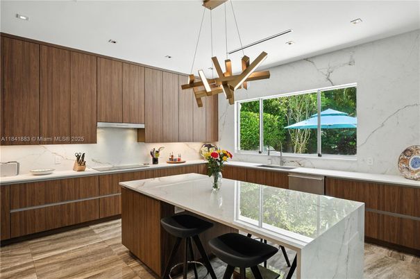 Interior, Kitchen, Marble Walls, Pendant Lights, Recessed Lighting, Wood Texture Flooring