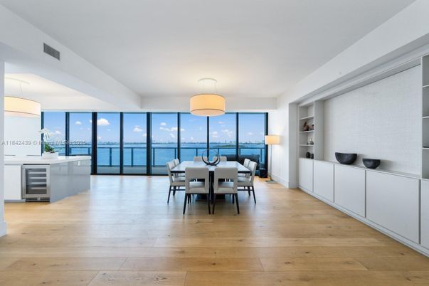 Dining room, Interior, Pendant Lights, Water, Wood Texture Flooring