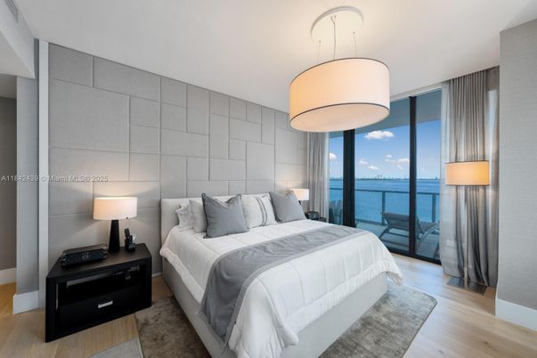 Bedroom, Interior, Pendant Lights, Water, Wood Texture Flooring
