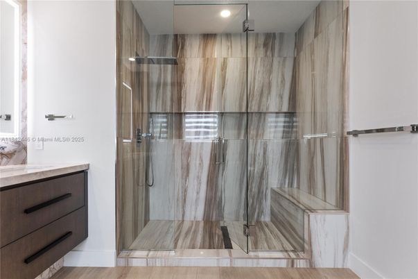 Bathroom, Glass Shower, Interior, Recessed Lighting, Wood Texture Flooring