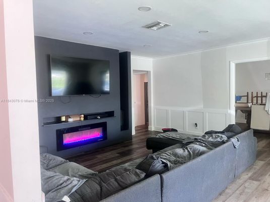 Fireplace, Interior, Living room, Recessed Lighting, Wood Texture Flooring