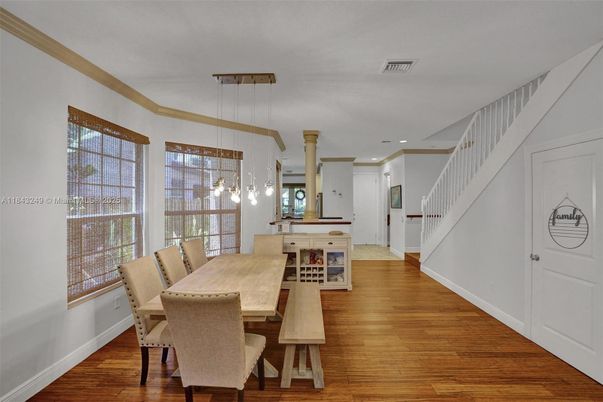Dining room, Interior, Pendant Lights, Recessed Lighting, Wood Texture Flooring