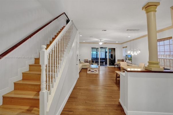 Dining room, Interior, Pendant Lights, Recessed Lighting, Wood Texture Flooring
