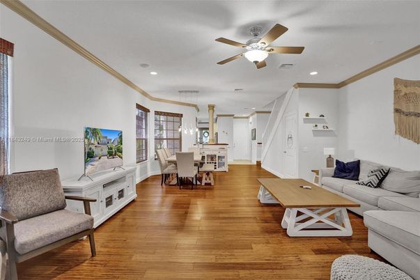 Dining room, Interior, Kitchen, Living room, Pendant Lights, Recessed Lighting, Wood Texture Flooring