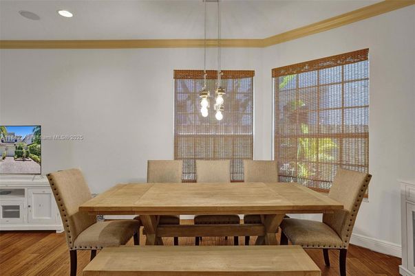 Dining room, Interior, Pendant Lights, Recessed Lighting, Wood Texture Flooring
