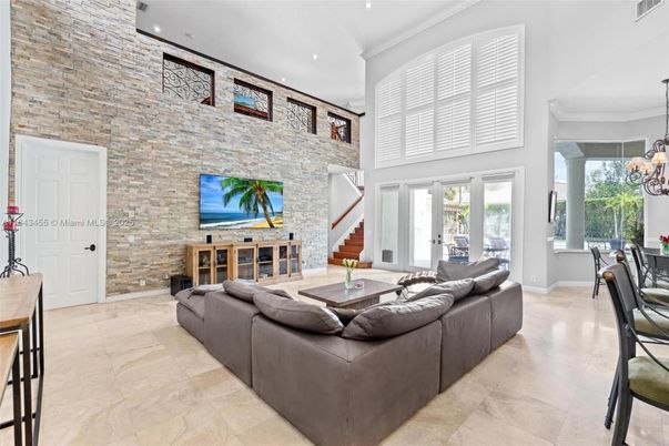 Chandelier, Interior, Living room, Recessed Lighting, Stone Walls