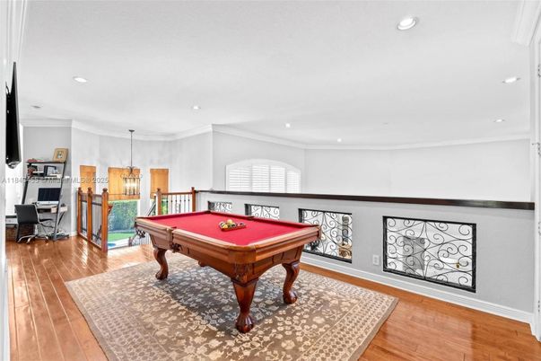 Billiard Table, Game Room, Interior, Pendant Lights, Recessed Lighting, Wood Texture Flooring