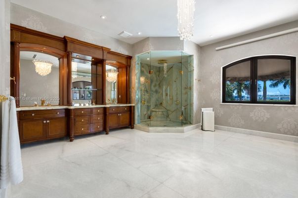 Bathroom, Chandelier, Glass Shower, Interior, Recessed Lighting