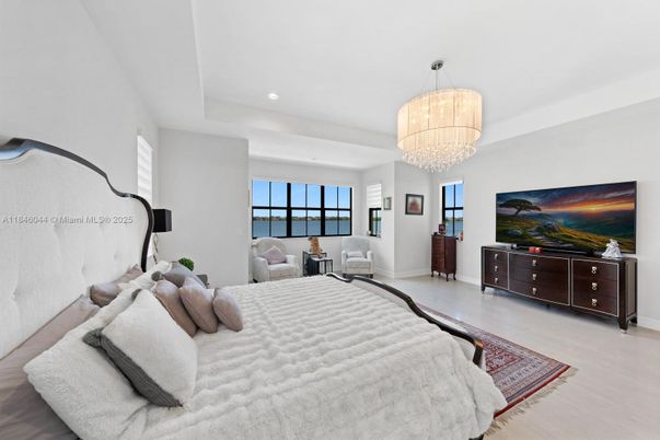 Bedroom, Chandelier, Interior, Recessed Lighting, Wood Texture Flooring