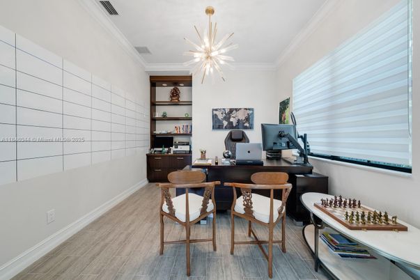 Home Office, Interior, Pendant Lights, Wood Texture Flooring